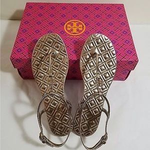 Tory Burch Marion Quilted Leather T-Strap Logo sandal, gold/bronze metal…